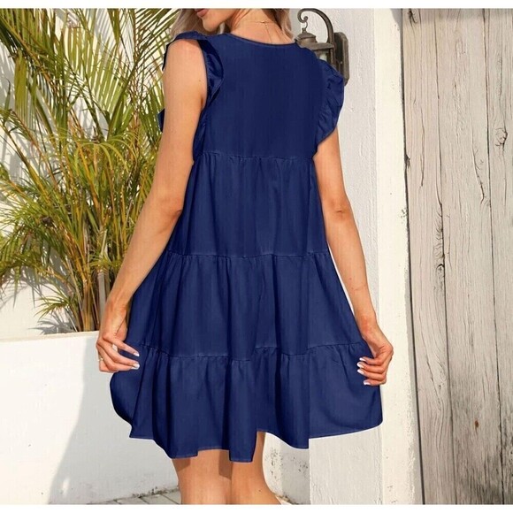 Blue Dress Ruffle Sleeve Round Neck Layered Mini Size Medium - Picture 2 of 10